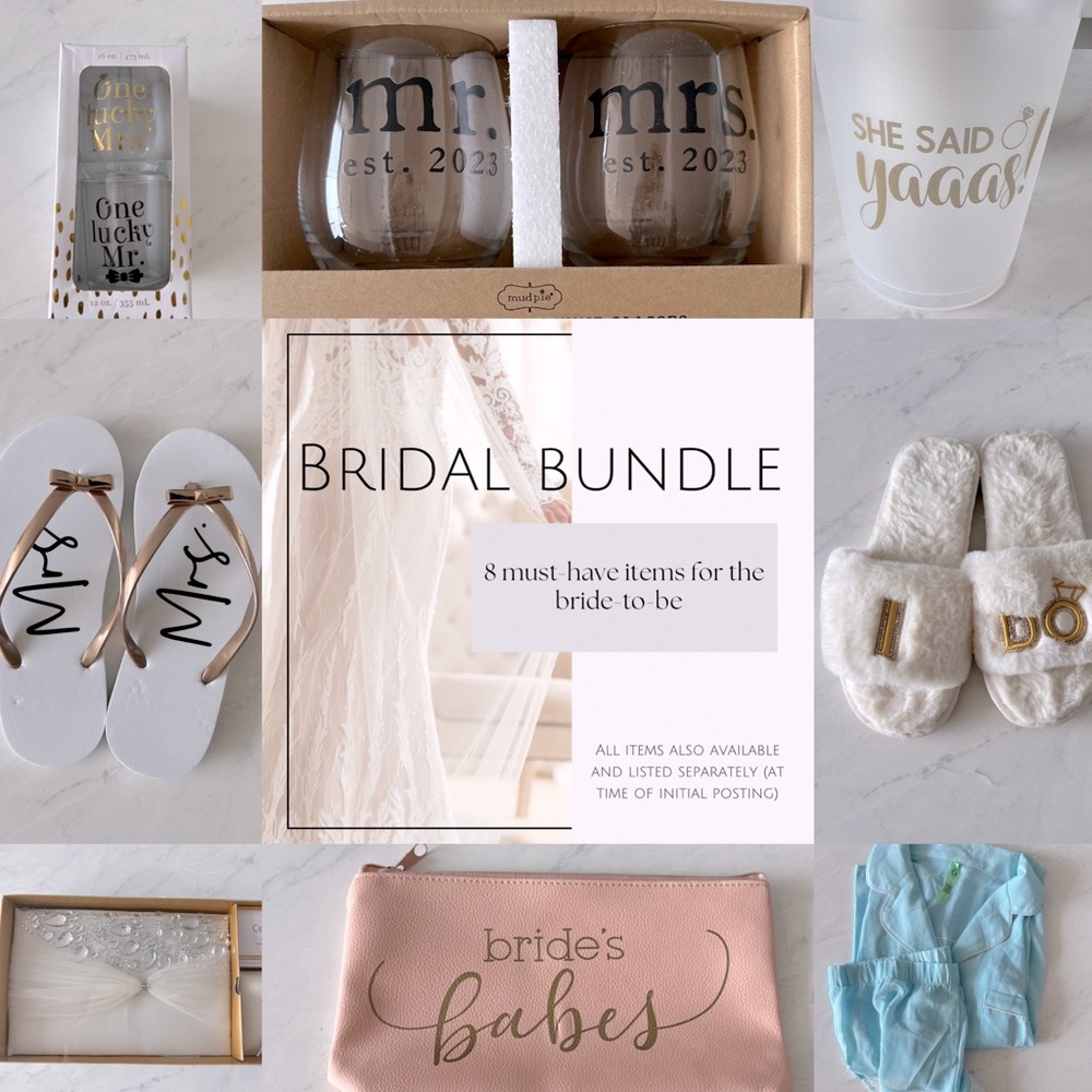 BRIDAL BUNDLE - slippers flip flops pjs glasses cups pouch for the bride to be